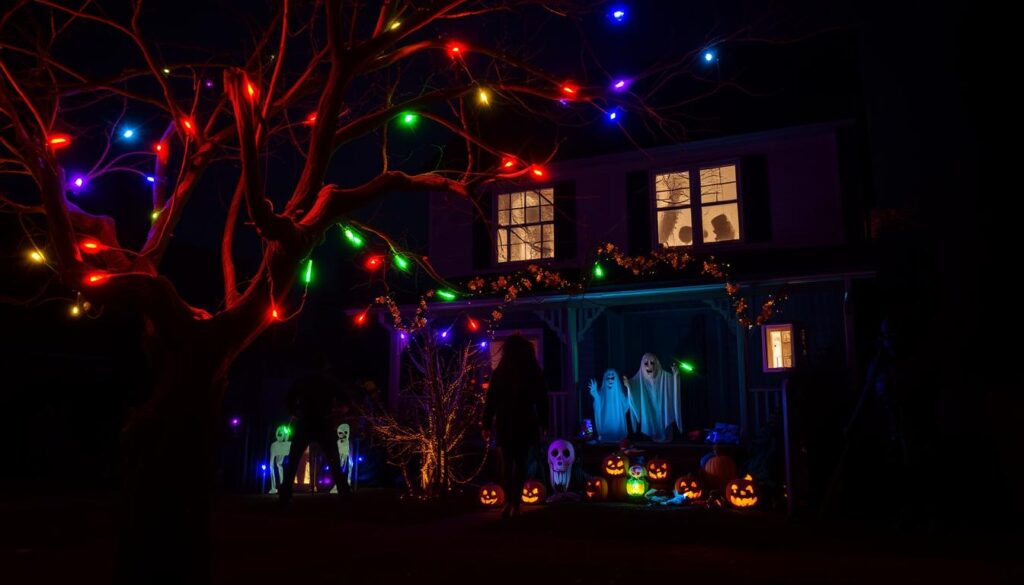 spooky home decorations with colored lights