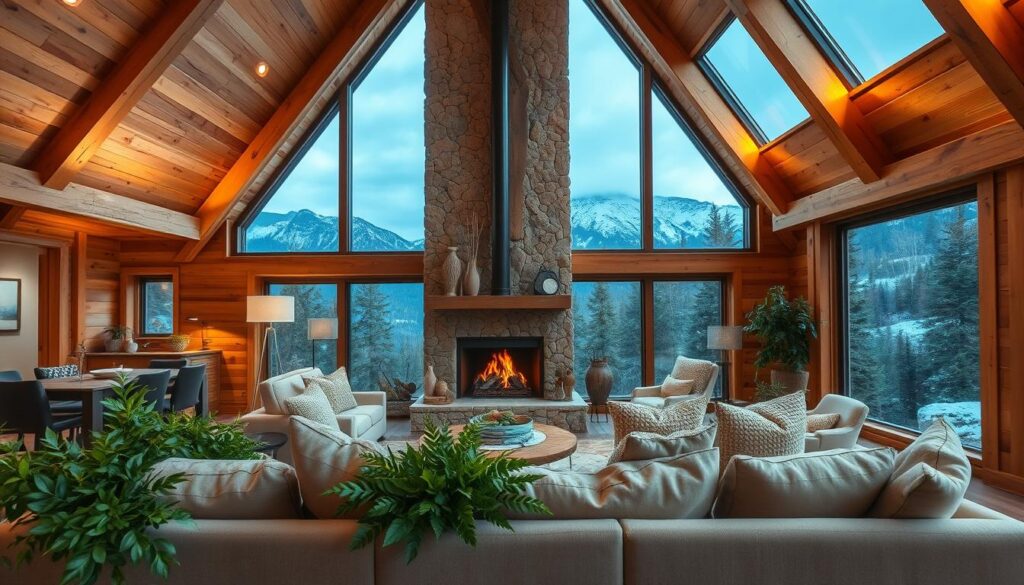 modern A-frame interior with natural elements