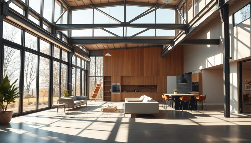 modern steel home interiors with natural light