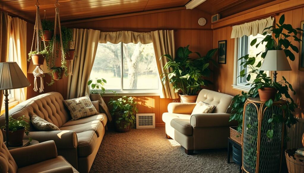 nostalgic mobile home decor with plants